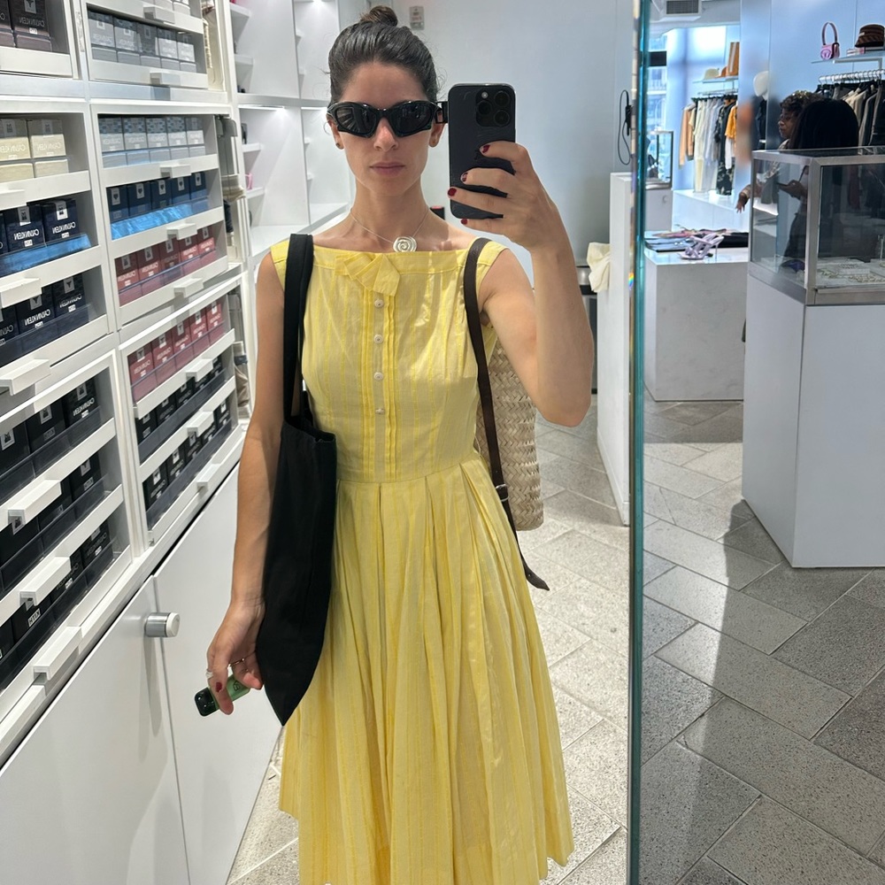 1950s yellow vintage dress sleeveless bow cotton handsewn 0